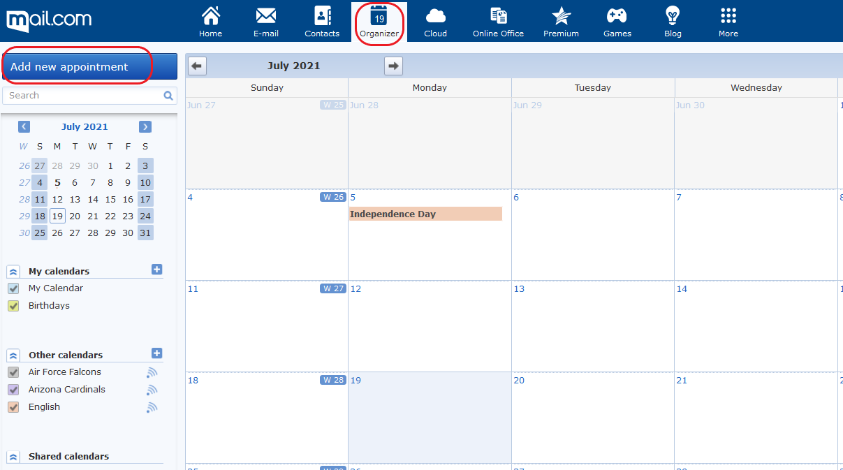 Screenshot of mail.com Organizer with calendar page for July 2021